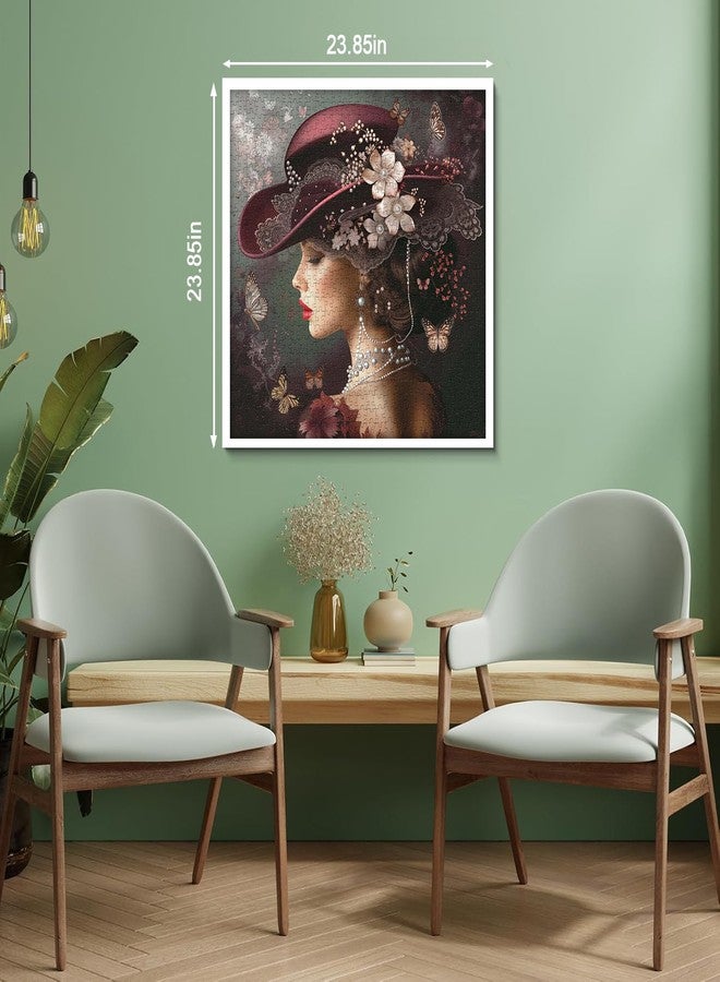PPuzzling Elegant Victorian Lady Puzzle 1000 Pieces for Adults, Vintage Woman with Red Hat, Pearls, Flowers and Butterflies Jigsaw Puzzle, Challenging Retro Classic Aesthetic Art Puzzle - Image 3